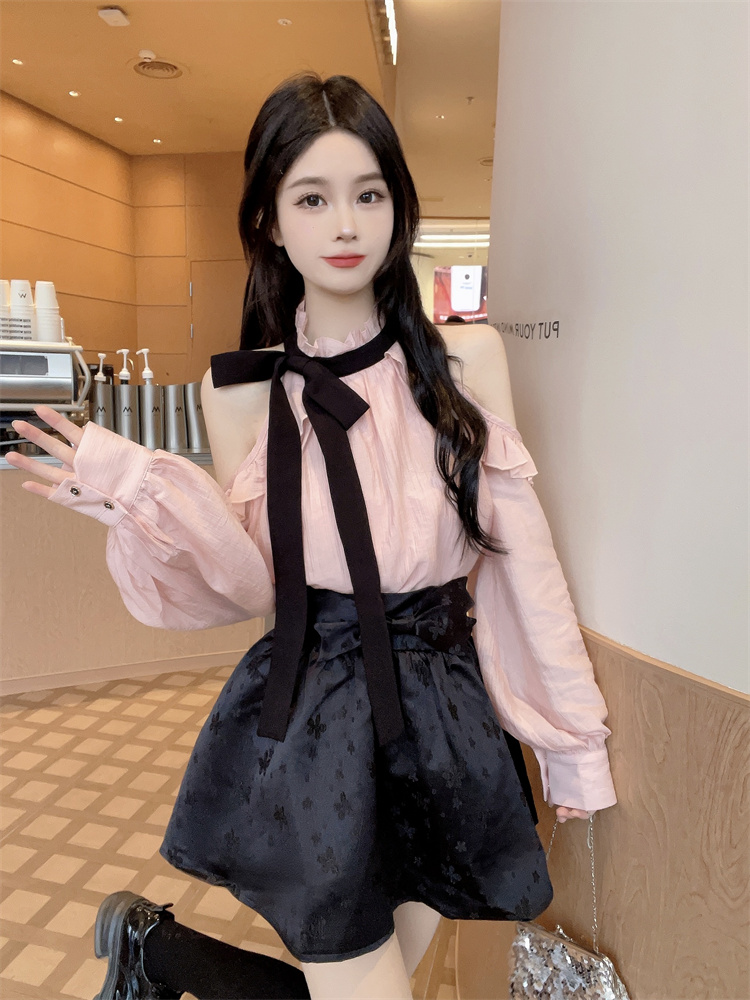 Pink Ruffle Off-Shoulder Long-Sleeve Blouse Women Spring 2026