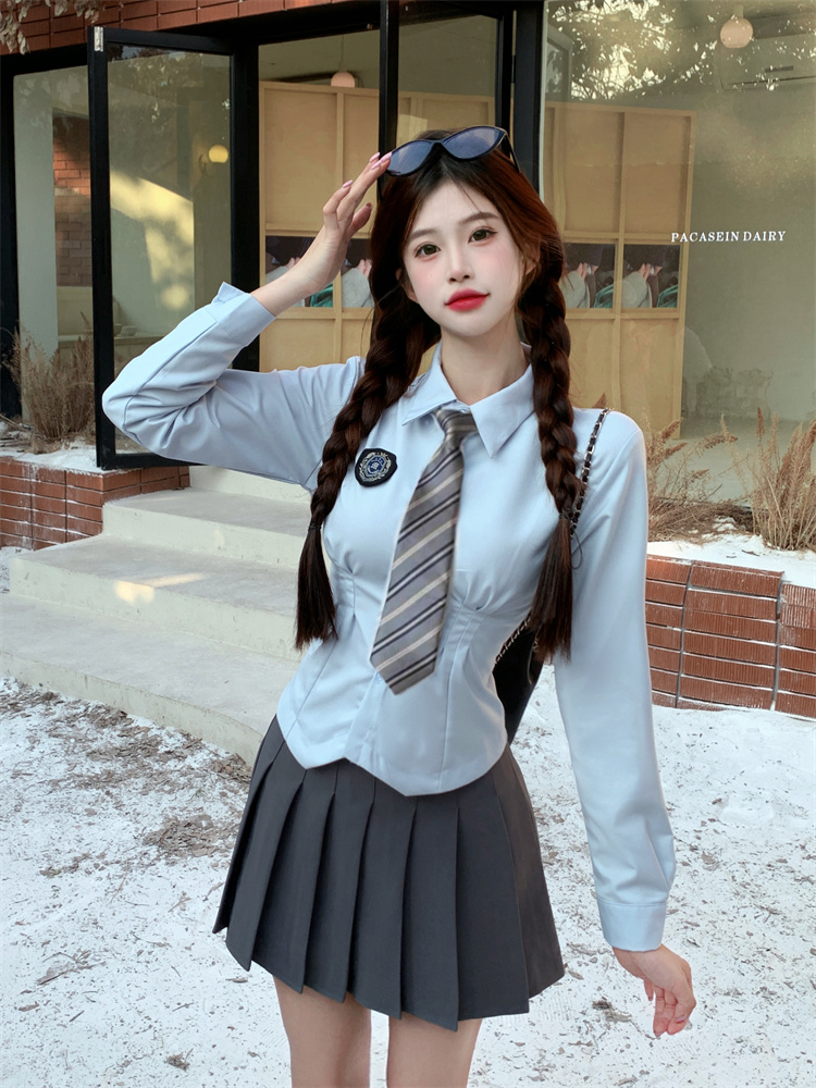 Women's Slim-Fit Pleated Skirt Uniform Set Long Sleeve Preppy Style Blue