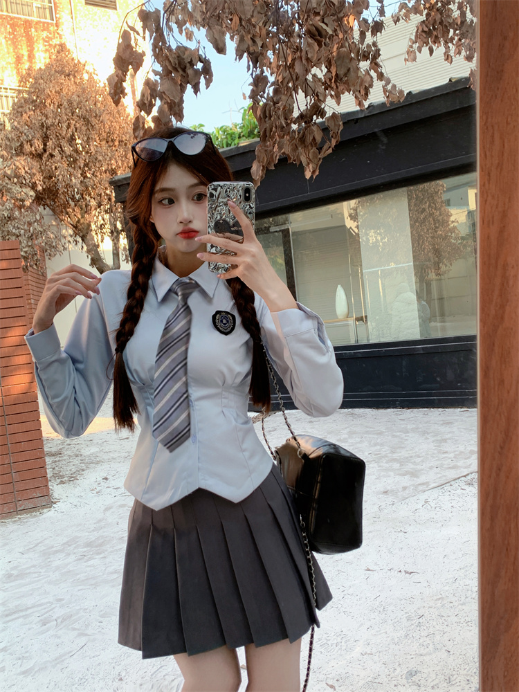 Women's Slim-Fit Pleated Skirt Uniform Set Long Sleeve Preppy Style Blue - Image 2