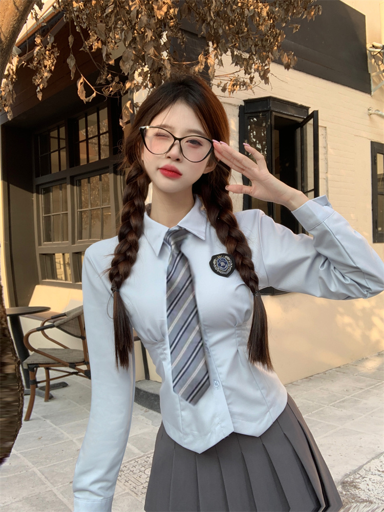 Women's Slim-Fit Pleated Skirt Uniform Set Long Sleeve Preppy Style Blue - Image 3