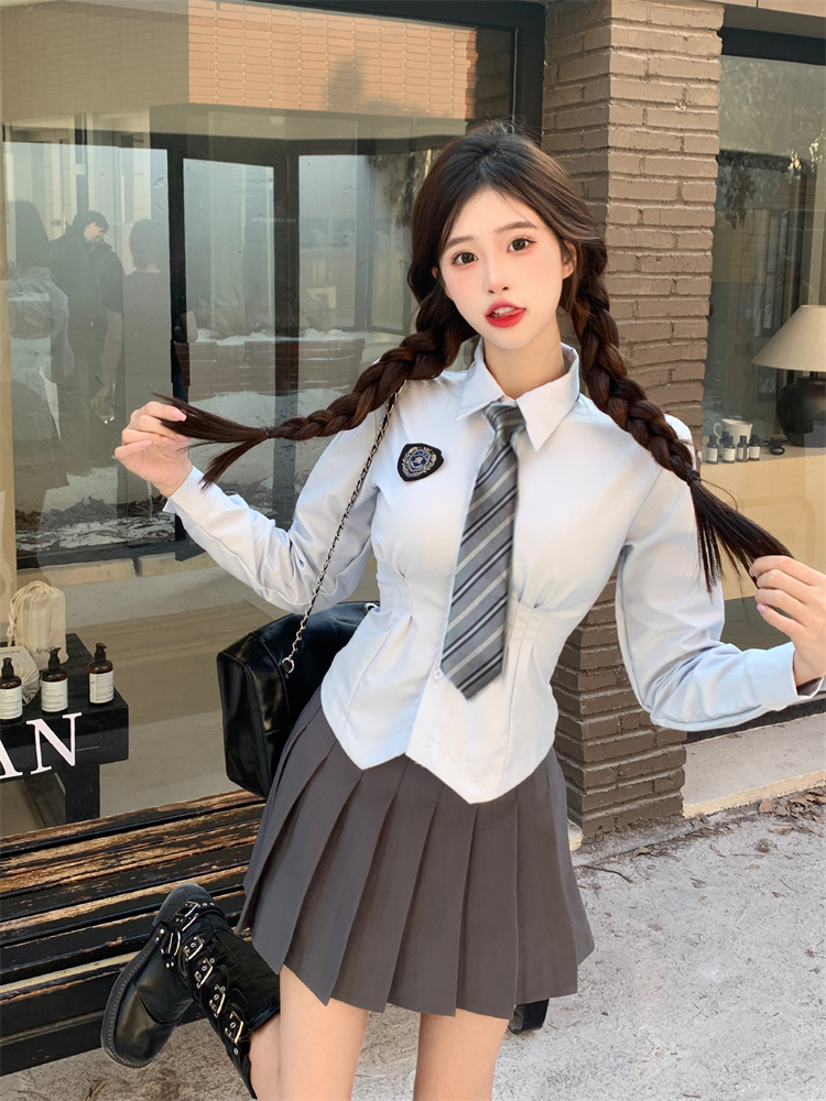 Women's Slim-Fit Pleated Skirt Uniform Set Long Sleeve Preppy Style Blue - Image 4