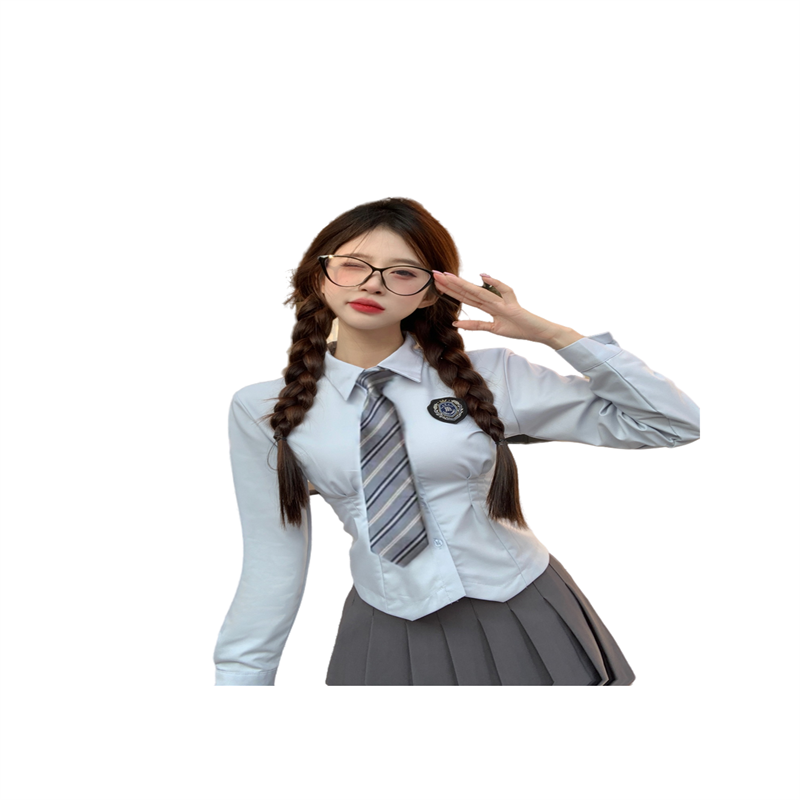 Women's Slim-Fit Pleated Skirt Uniform Set Long Sleeve Preppy Style Blue - Image 5