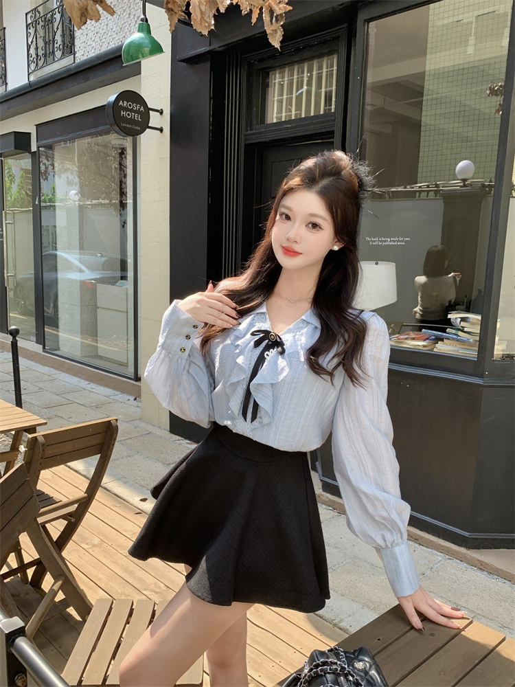 Ruffled Blue Shirt and Skirt Two-Piece Set for Women Spring 2026 French Style