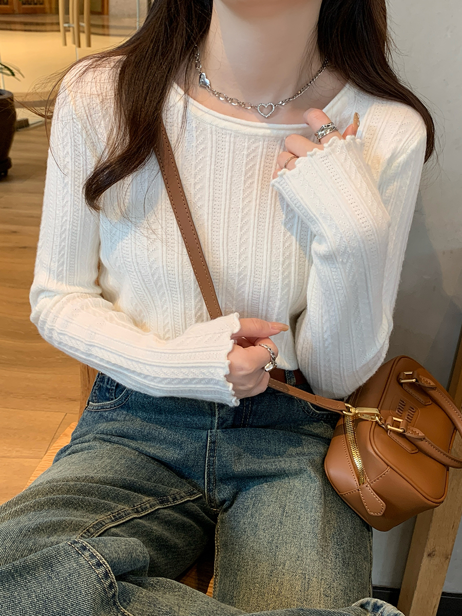 Women's Slim Fit Knit Base Layer Top with Ruffle Trim White