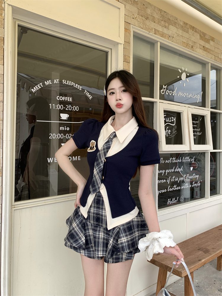 Preppy JK Uniform Set Summer Bear Faux Two-Piece Shirt and Plaid Skirt - Style 71f988