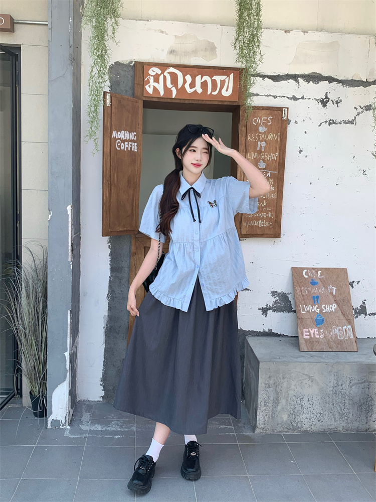 Light Blue Polo Collar Japanese Preppy Shirt Women Summer Short Sleeve Cardigan