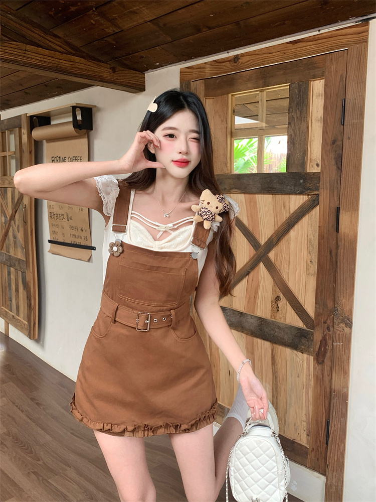 Sweetheart Soft Summer Slimming Sweet Style Niche Design Overalls Set with Fly Sleeve Top for Women - Style 3f3520