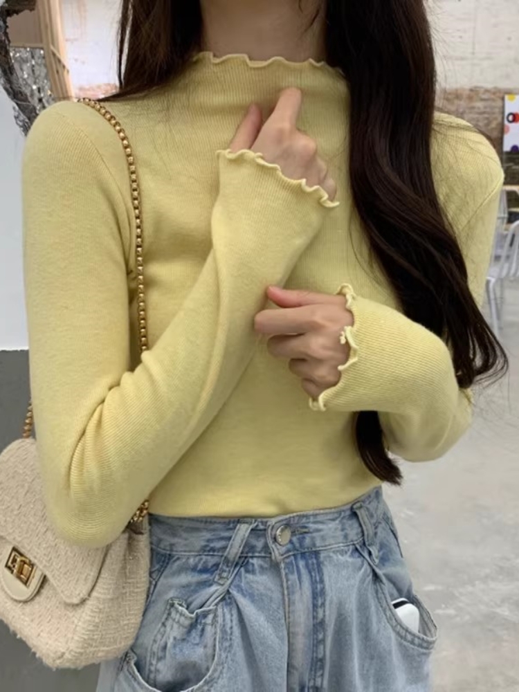 Half Turtleneck Ruffle Trim Knit Top Women Fall Winter Base Layer Sweater
