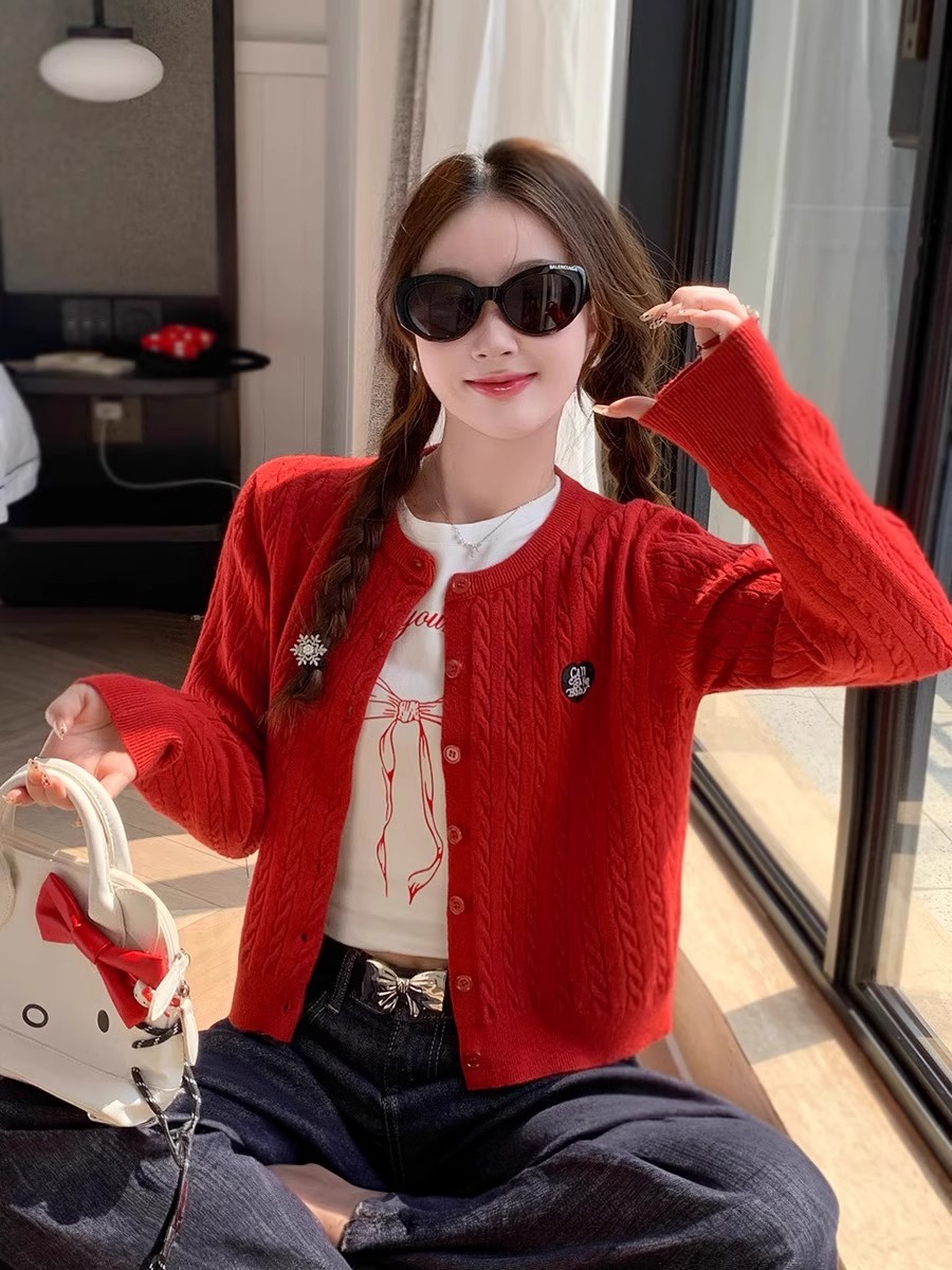 Korean Style Red Knit Cardigan Women Short Heart Embroidery Cable Knit Long Sleeve Top