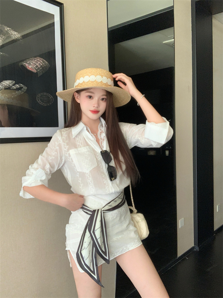 Plus Size Lace Spliced Jacquard Long Sleeve Shirt and Bodycon Skirt Two Piece Set Spring - Image 4