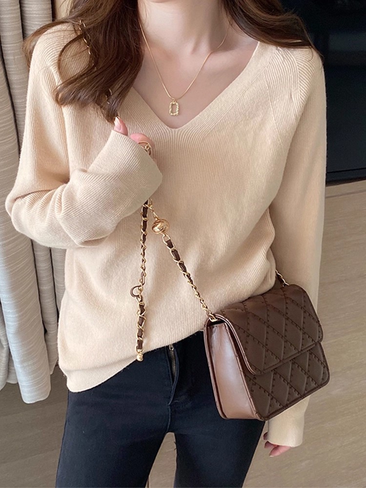 Korean V-Neck Knit Sweater for Women 2026 Fall Winter Base Layer Loose Slimming Top - Image 3