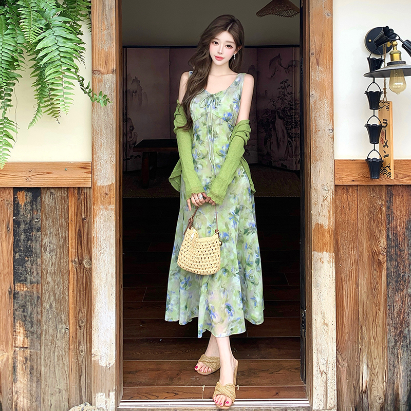 Avocado Green Floral Cami Dress with Shawl Two-Piece Set Summer 2026 Beach Vacation