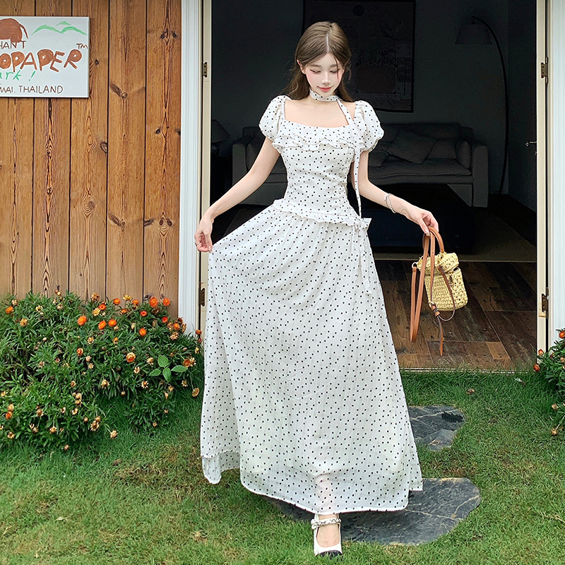 French Off-Shoulder White Maxi Dress with Polka Dots