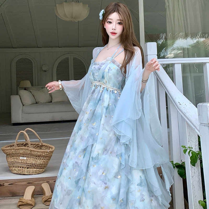 Bohemian Blue Sling Dress Women Summer Plus Size Beach Vacation Long Dress Sunset Fairy Dress