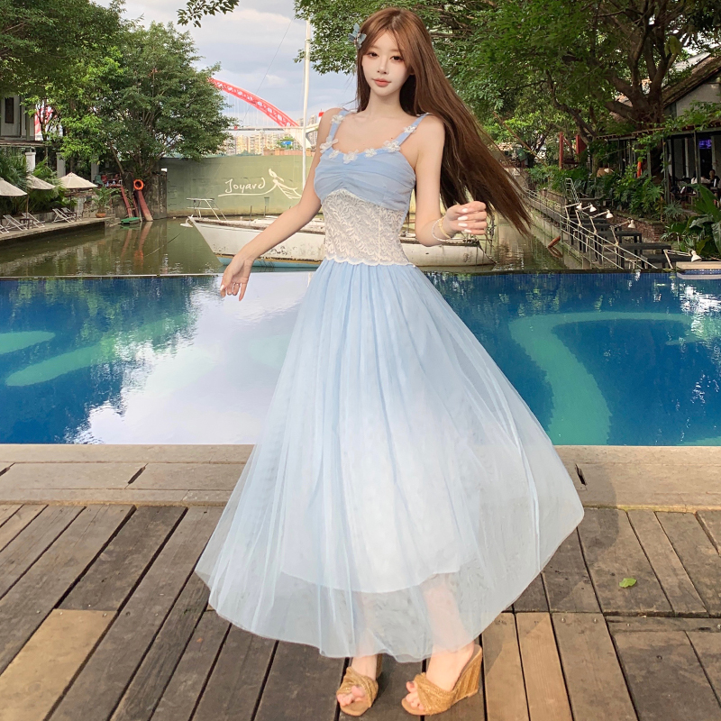 French Style Lace Strap Dress Summer Slimming Waist Seaside Vacation Midi Tulle Dress