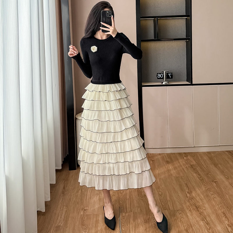 Women's French Style A-Line Midi Dress with Layered Look - Image 3