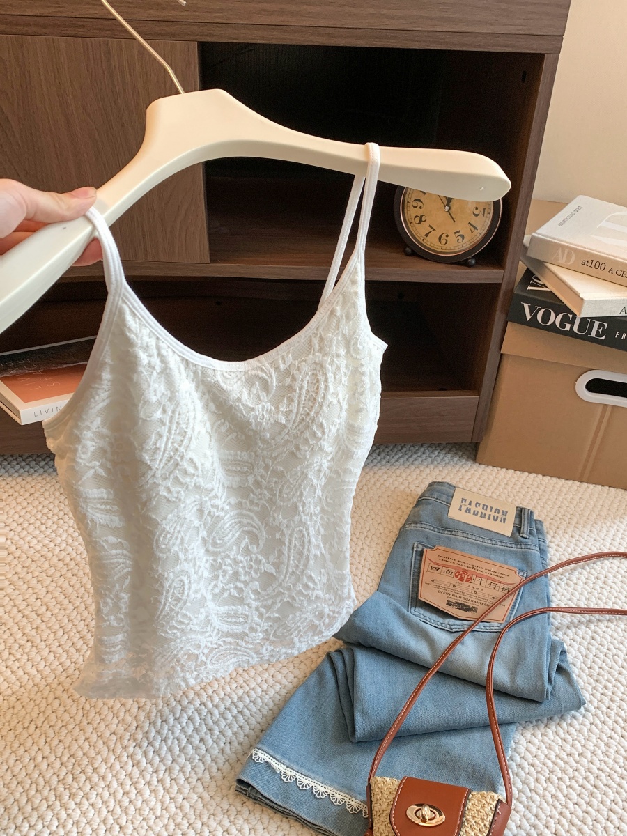 French Lace Camisole Tank Top for Women with Built-in Bra Pads - Image 3