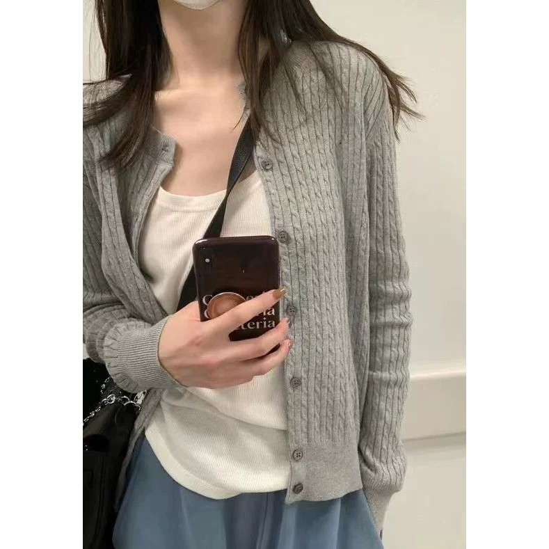 Women's Soft Solid Cable Knit Cardigan Round Neck Loose Fit Lightweight Sweater Jacket