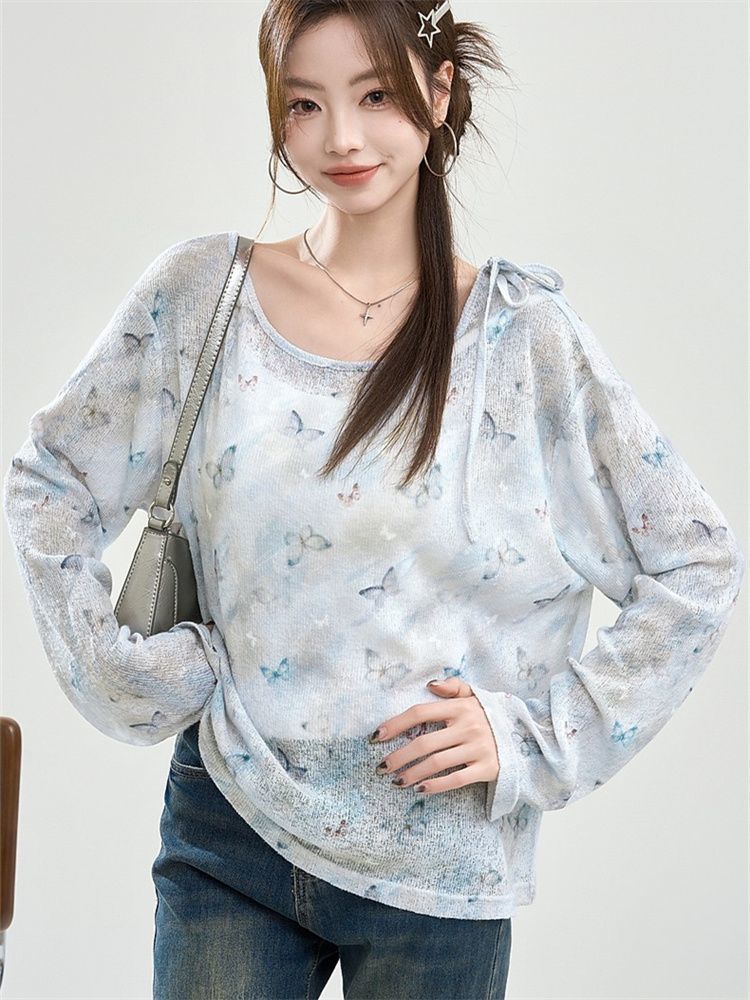 Blue Bow Tie Long Sleeve T-Shirt Women Summer Lightweight Sun Protection Cover-Up Lazy Loose Unique Top Outerwear